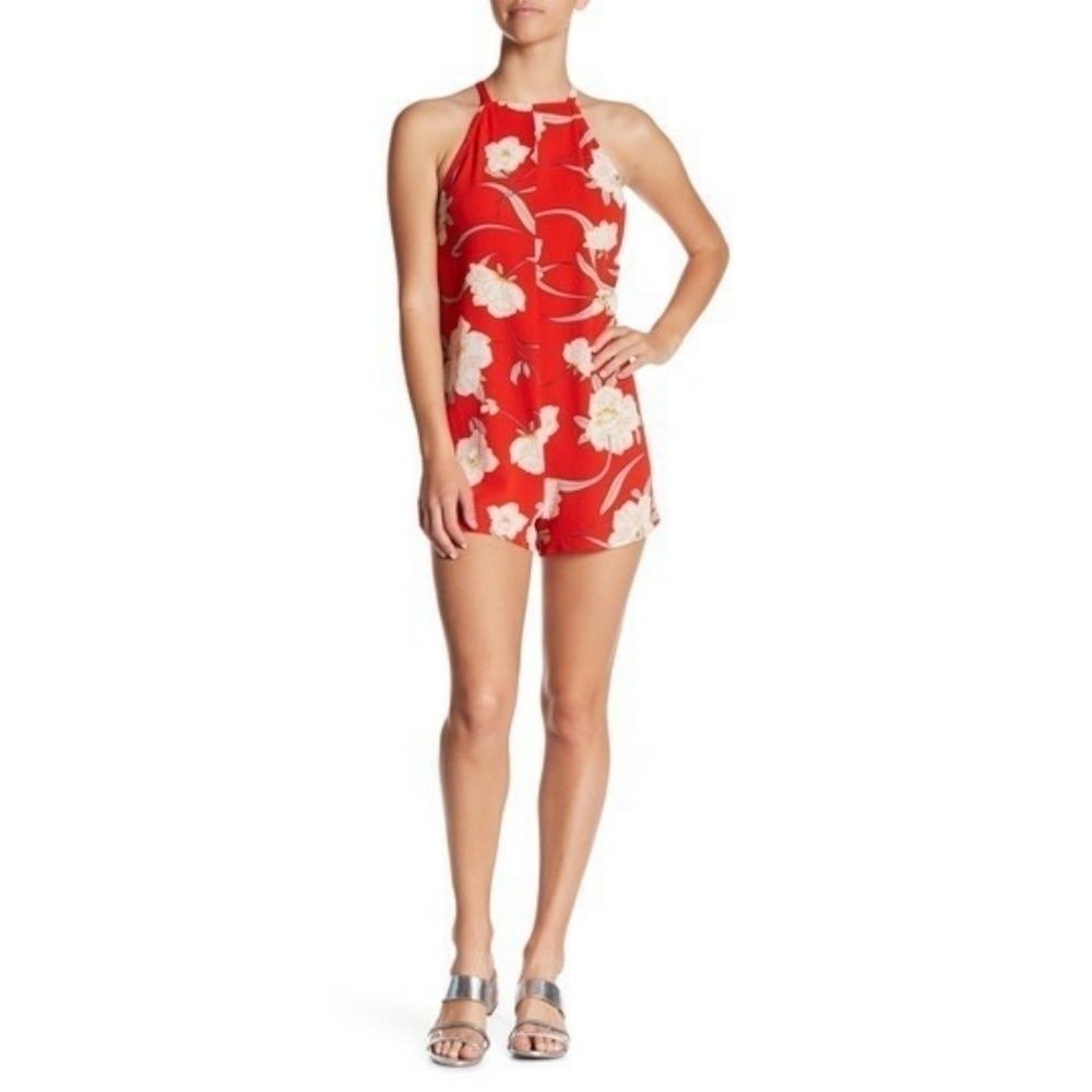 Show Me Your Mumu Red Floral Deep V Back Romper XS NWT